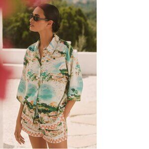 Anthropologie Celandine Linen Blend Printed Buttondown Shirt m new with tag